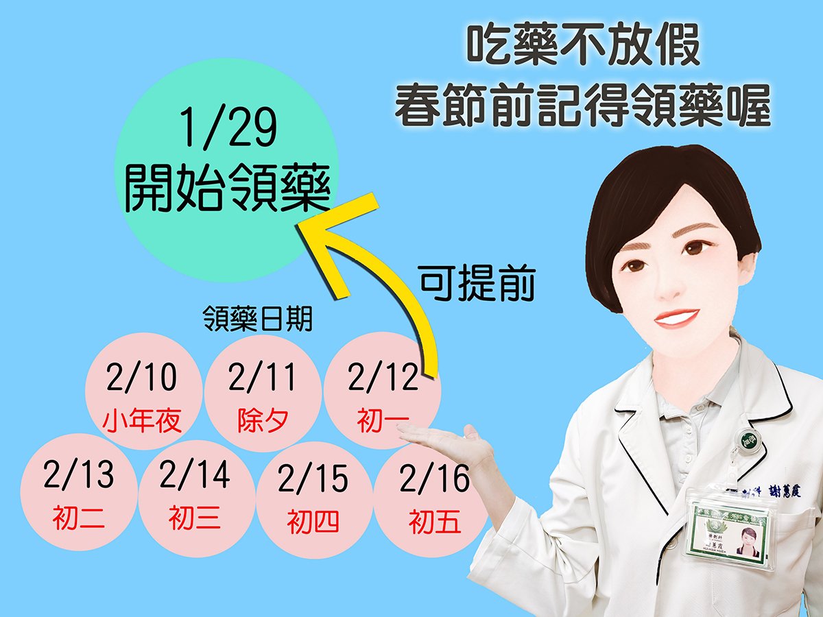 慢性病處方箋的領藥日期，提前備好過年用藥。