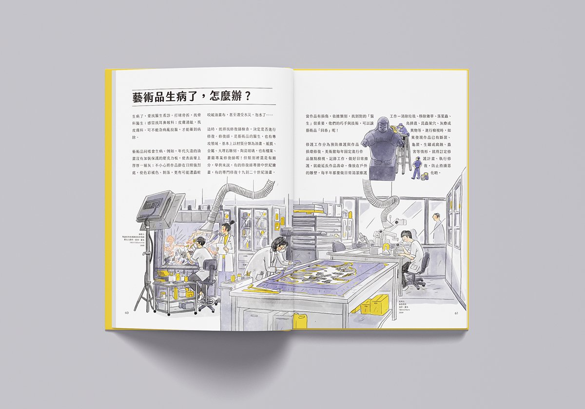 《藝術．在這裡》繪本內容，與插畫家Croter合作，帶領孩子認識什麼是博物館、美術館如何收藏、庫房如何保管並且具有哪些功能等。6