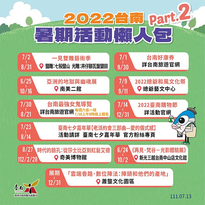 台南暑期 玩水、摸蛤、七夕、音樂、煙火、美食、看展、呷甜甜 8 觀光局 圖卡 2022台南暑期活動懶人包 01