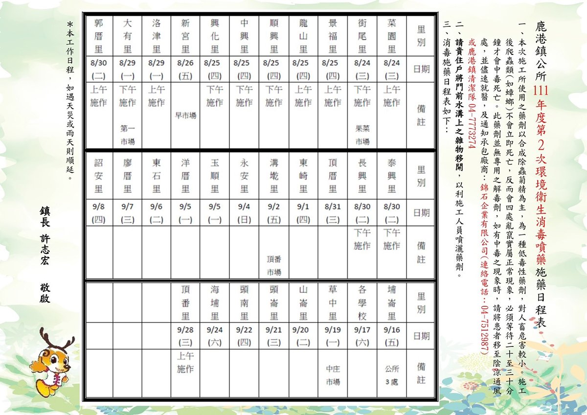 鹿港鎮24日起實施環境衛生消毒噴灑施藥工程 2 S 21323857
