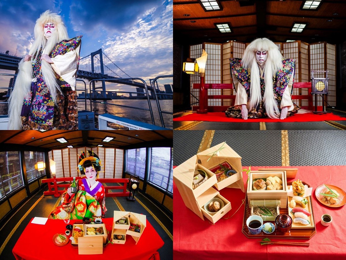 全新的屋形船體驗「江戶前 粋之屋形船路線」集結了江戶美食、創新的日本舞蹈影像欣賞。（圖片來源：Ⓒ江戶前汽船）