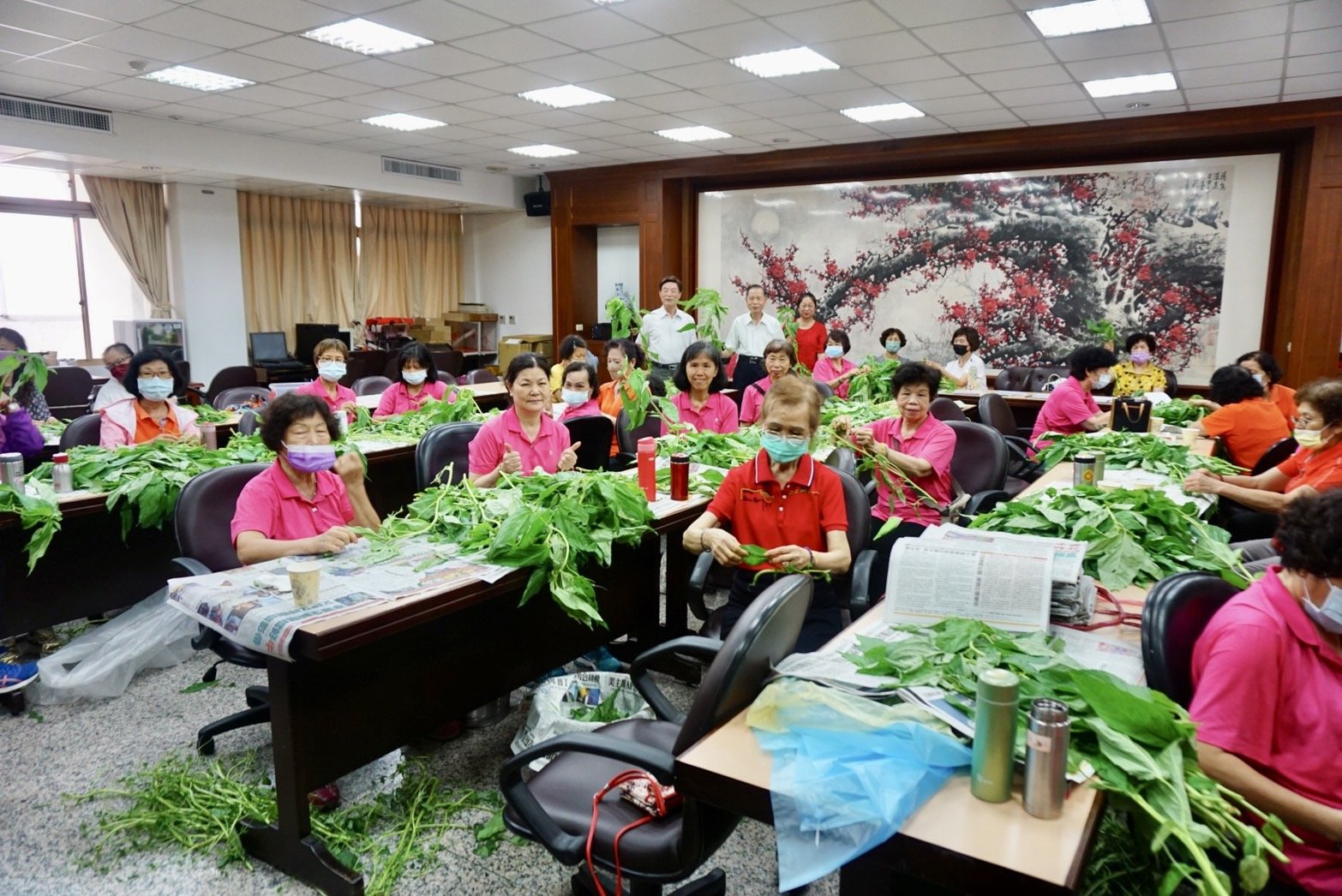 迎接端午穿木屐躦鯪鯉活動 萬和宮志工熟稔挑揀260斤麻芛 2 萬和宮志工熟稔挑揀麻芛場景