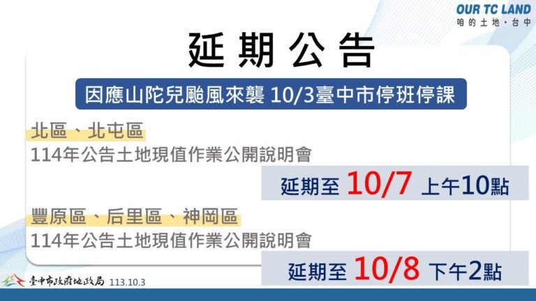 山陀兒颱風來襲 中正及豐原地政事務所公開說明會延期