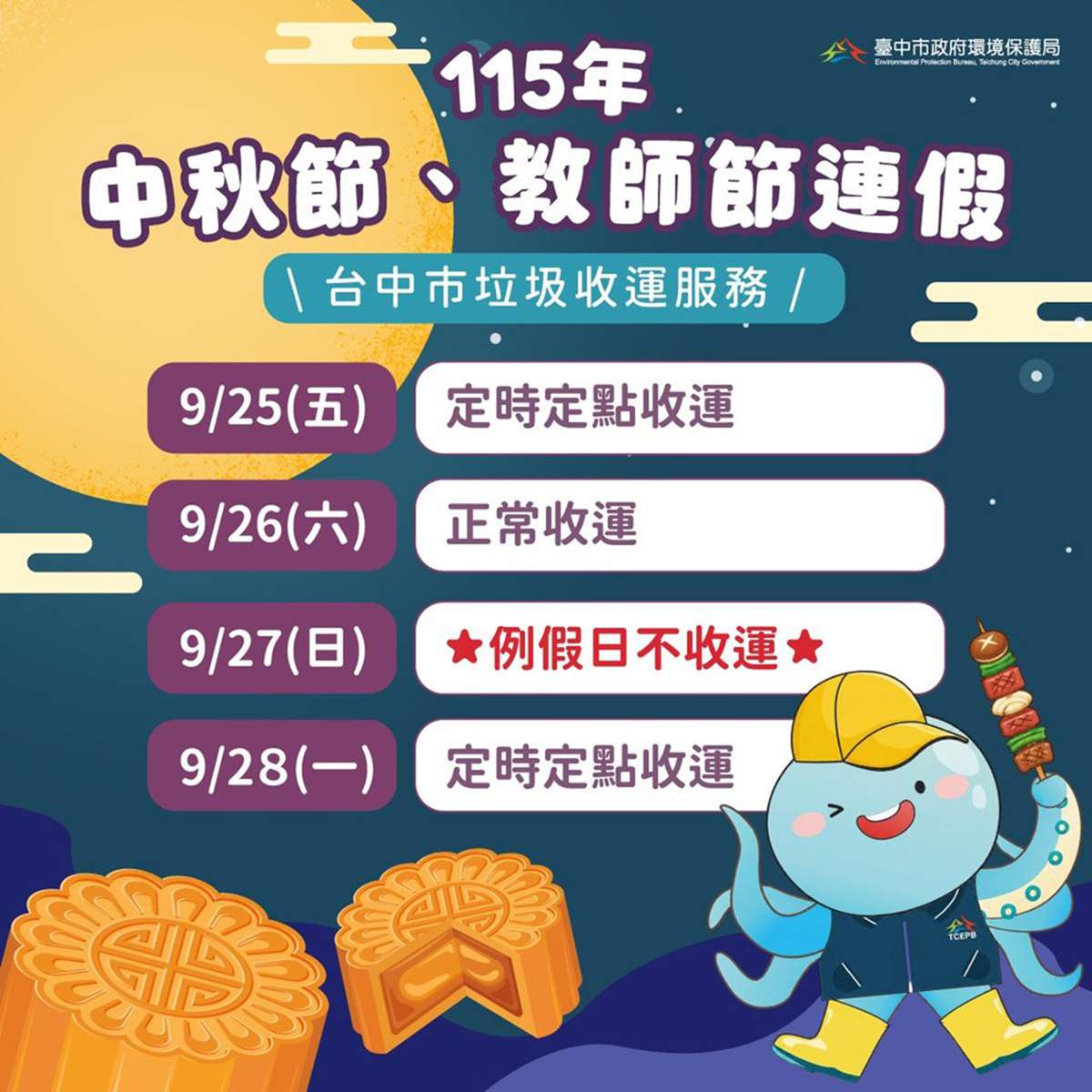 中秋、教師節連假垃圾怎麼丟?台中環保局公布收運時間 這2天改定時定點 2 zhongshihuanbaojuzhongqiujiejijiaoshijielianjialaj